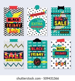 Colorful and funky Black Friday Sale cards and icons set on patterns background