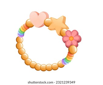 Colorful funky bracelet from bright plastic beads with flower heart and star shaped beads vector illustration isolated on white background