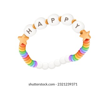 Pulsera funky colorida de cuentas plásticas brillantes con letras HAPPY abalorios ilustración vectorial aislada en fondo blanco