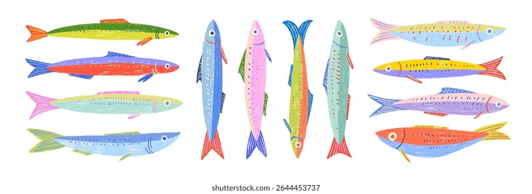 Colorful funky crayon drawn decorative sardines. Cartoon stickers of fish. Bright doodle illustration with pencil cute texture. Kid drawn sardine, tuna, salmon, mackerel. Playful portugal fish.
