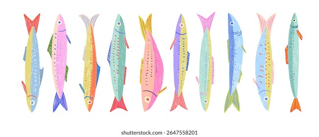 Colorful funky crayon drawn decorative sardines. Cartoon stickers of fish. Bright doodle illustration with pencil cute texture. Kid drawn sardine, tuna, salmon, mackerel. Playful portugal fish.