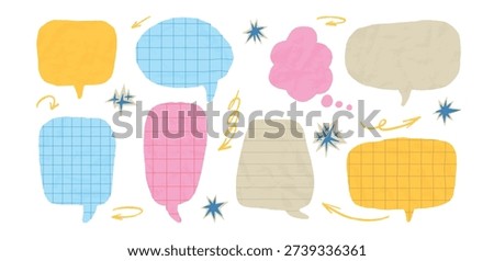 Colorful funky crumpled paper chat bubbles with irregular torns. Textured speech balloon stickers for comic dialogue, notebook collage, and creative papercut message. Vector kids school journaling cutouts.