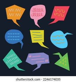 Colorful funky and cute cartoon retro style odd shapes speech bubbles set design elements on black background