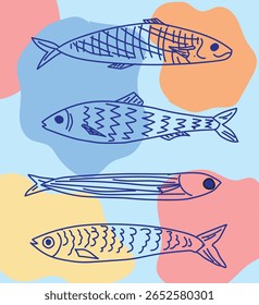 Colorful funky hand drawn decorative sardines. Cartoon stickers of fish. Bright doodle illustration with pencil cute texture. Kid drawn sardine, tuna, salmon, mackerel. Playful sea fish.
