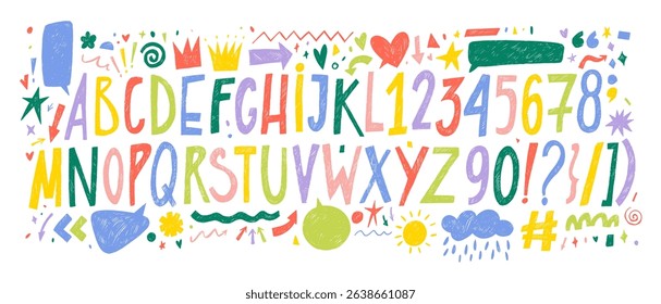 Colorful funky kids English alphabet with numbers, punctuation symbols, speech bubbles and doodle shapes. Crayon drawn doodle font, childish playful scribbles. Hand drawn pencil texture text.