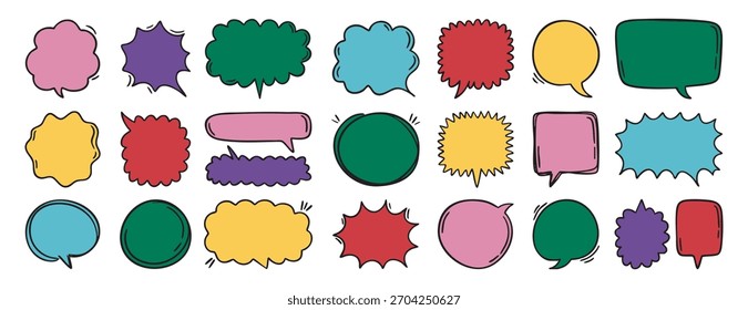 Colorful funky outlined speech bubbles with explosion effect doodle comic dialog frames Vector illustration