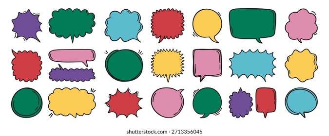Colorido funky esboçado bolhas de fala com efeito de explosão doodle quadradinhos de diálogo ilustração vetor