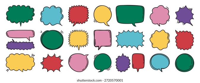Coloridas burbujas de discurso funky delineado con efecto de explosión doodle cómic diálogo marcos Ilustración vectorial