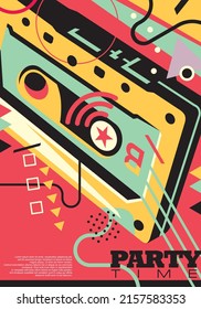 Colorida plantilla de diseño de afiches funky para la fiesta retro de los años 90. Diseño lúdico con gráfico de cinta de audio. Ilustración vectorial de música y danza.