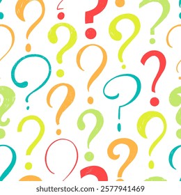 Colorful funky question marks seamless pattern drawn by crayon. Hand drawn vector question marks seamless banner design. Typography symbols wallpaper. Vector ink illustration.