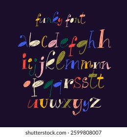 Colorful funky retro serif font drawn by crayon or pencil. Hand drawn childish alphabet letters with scribbled texture. Doodle funky alphabet letters collection for collages. Funny cute vector type.