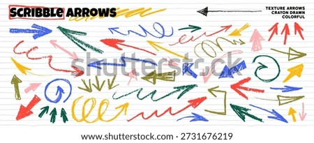 Colorful funky scribble doodle arrows set for hand drawn notes and journaling. Crayon drawn direction pointers, colorful childish arrows on lined paper sheet background. Vector thick and thin strokes.