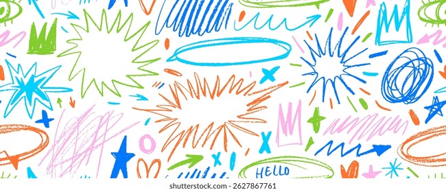 Colorful funky seamless pattern with burst speech bubbles. Crayon drawn comic style seamless banner design. Childish pencil drawings with various star shapes, creative messy doodles and scribbles.