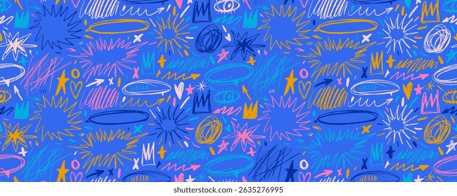 Colorful funky seamless pattern with burst speech bubbles. Crayon drawn comic style seamless banner design. Childish pencil drawings with various star shapes, creative messy doodles and scribbles.