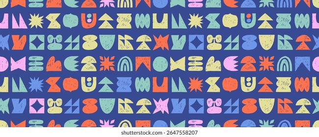 Colorful funky seamless pattern with geometric playful shapes. Naive kid figures background. Crayon drawn colorful shapes and forms for wallpaper, banner design or wrapping paper. Abstract bg.