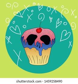 Colorful funky skull muffin with a cherry on top