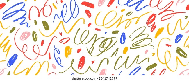 Colorful funky squiggles seamless pattern. Crayon drawn childish squiggles, swirls, trendy scribbles. Hand drawn kid's pencil sketch with simple confetti strokes. Doodle rough thin lines with dots.
