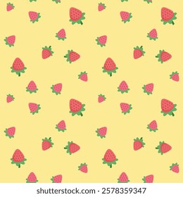 Colorful funky strawberry seamless vector pattern on yellow background. Cute print for pijamas or gift paper wrap or bag.	