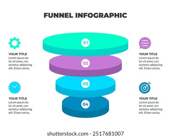 Infográfico Colorido Processo de Funil Representando a Jornada do Cliente da Consciência à Conversão com Estágios Icônicos