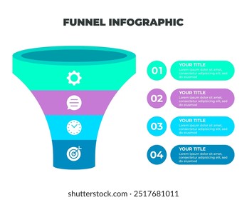 Colorful Funnel Process Infographic Representing Customer Journey from Awareness to Conversion with Iconic Stages