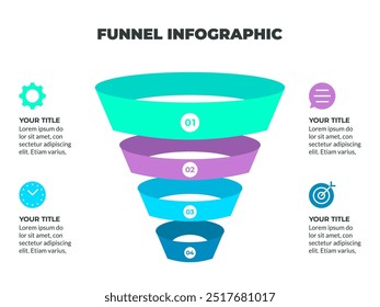 Colorful Funnel Process Infographic Representing Customer Journey from Awareness to Conversion with Iconic Stages