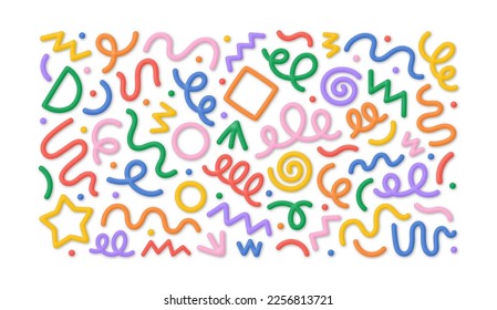 Colorful funny 3D line shape set. Creative abstract style art, fun party symbol collection for children birthday or trendy celebration design with basic shapes. Modern impasto paint stroke backdrop. - Shutterstock ID 2256813721