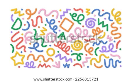 Colorful funny 3D line shape set. Creative abstract style art, fun party symbol collection for children birthday or trendy celebration design with basic shapes. Modern impasto paint stroke backdrop.