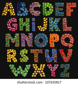 Colorful funny acid alphabet on black