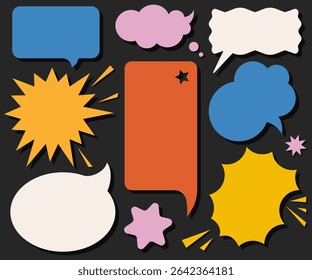 Colorful funny bubbles for comics, stickers, social media. Colorful speech balloon pop art icon pack. Chat design element. Quotes frames text box. Vector abstract shape stickers