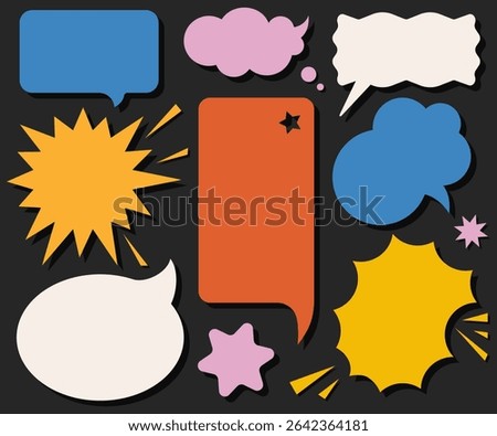 Colorful funny bubbles for comics, stickers, social media. Colorful speech balloon pop art icon pack. Chat design element. Quotes frames text box. Vector abstract shape stickers