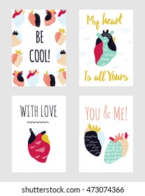Colorful and funny cards with anatomic creative hearts. Vector Illustration. Unusual design