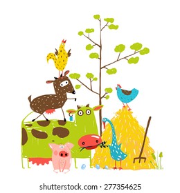 Colorful Funny Cartoon Farm Domestic Animals Pyramid Composition Card. Countryside cottage animals illustration for children. Vector EPS10.