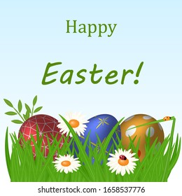 Colorful funny cartoon image of easter eggs in grass with ladybugs and daisies.