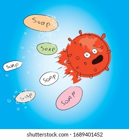 Colorful funny cartoon style illustration of covid-19 coronavirus escapes in panic chased by multiple soaps