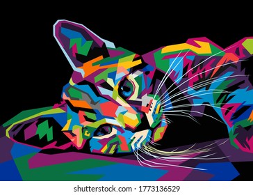 Colorful Funny Cat On Pop Art Style Isolated Black Backround