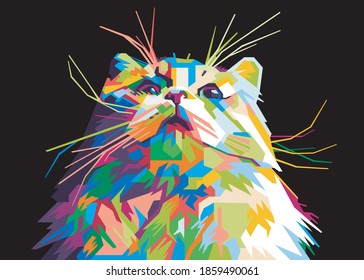 colorful funny cat on pop art style isolated black backround