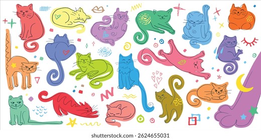 Colorful funny cat poses collection. Cute flat kitten set. Hand drawn different cats bundle. Home pets. Abstract vector elements.