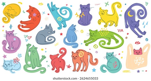 Colorful funny cat poses collection. Cute flat kitten set. Hand drawn different cats bundle. Home pets. Abstract vector elements.