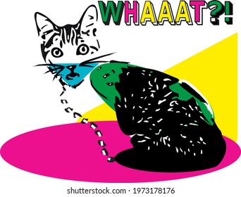 Colorful Funny Cat Vector- Whaaat expression. Lovely pop illustration with many colors and a very funny cat looking surprised at you