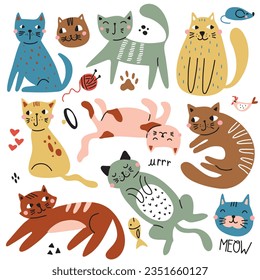 Colorful funny cats in different poses. Set of vector hand clips isolated on white