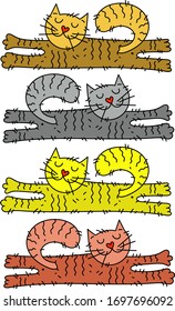 Colorful funny cats lie on their stomachs with their paws outstretched. Vector drawing in the Doodle style.