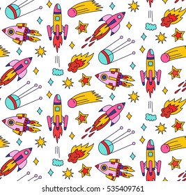 Colorful funny childish cute outer space cosmos doodles seamless vector pattern