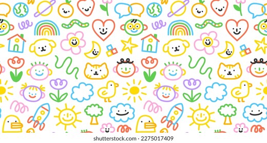 Colorful funny children doodle icon seamless pattern  Cute happy kid drawing symbol wallpaper print  diverse education conept background illustration texture 
