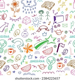 Colorful funny children doodle icon seamless pattern. Cute happy kid drawing symbol wallpaper print, diverse education concept background illustration texture.