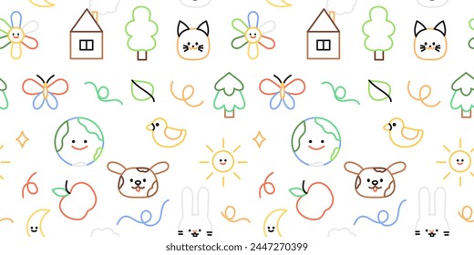Colorful funny children doodle icon seamless pattern. Cute kid drawing symbol wallpaper print, diverse education background illustration. Children print with animals, birds, earth, sun and trees.
