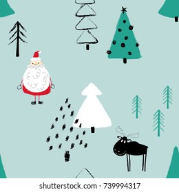Colorful funny Christmas seamless pattern with Santa Claus, deer and trees. Hand drawn grunge brush winter forest background. 