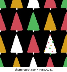 Colorful funny Christmas seamless pattern with trees. Hand drawn grunge brush forest background. 