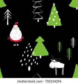 Colorful funny Christmas seamless pattern with Santa Claus, deer and trees. Hand drawn grunge brush winter forest background. 