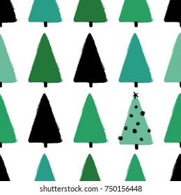 Colorful funny Christmas seamless pattern with trees. Hand drawn grunge brush winter forest background. 