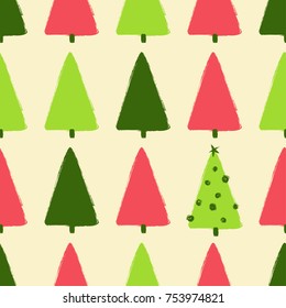 Colorful funny Christmas seamless pattern with trees. Hand drawn grunge brush forest background. 